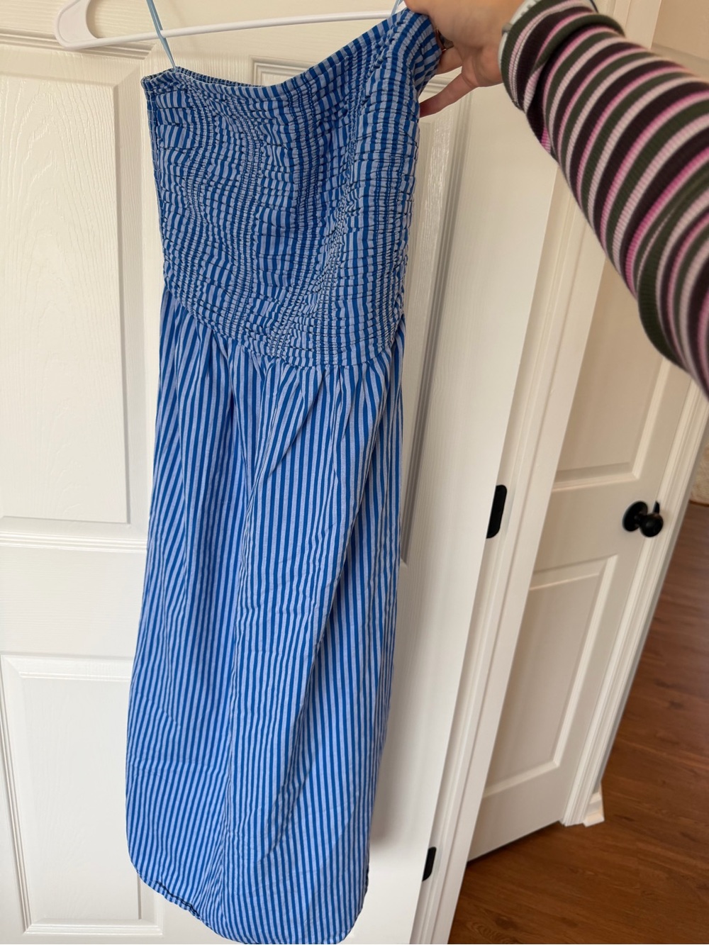 Moon River Blue Striped Strapless Dress